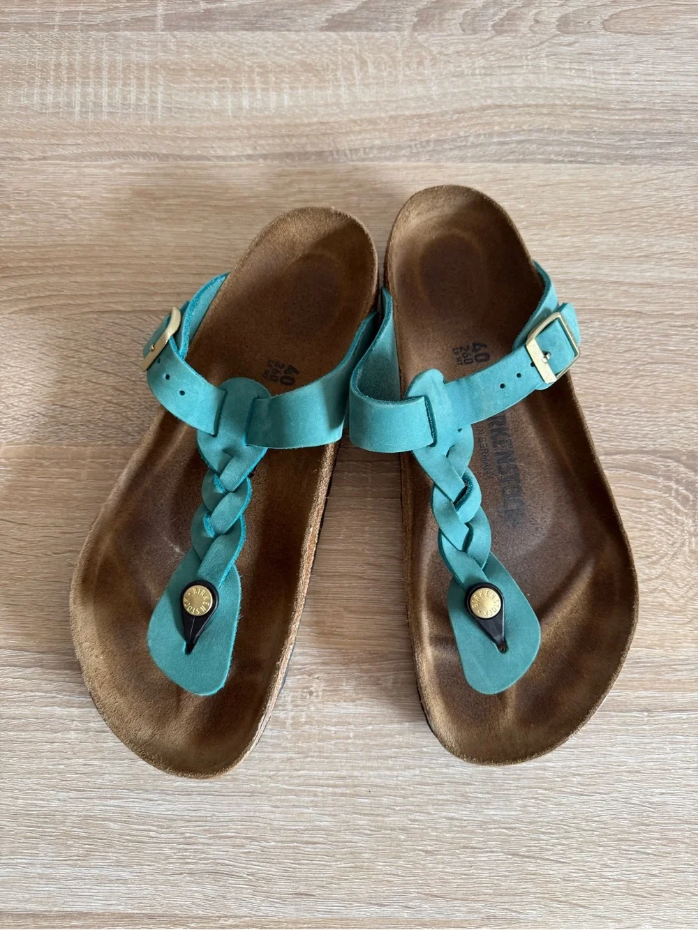 Birkenstock-Gizeh Braided oiled leather sandals in Biscay Bay women’s Sz 40/9